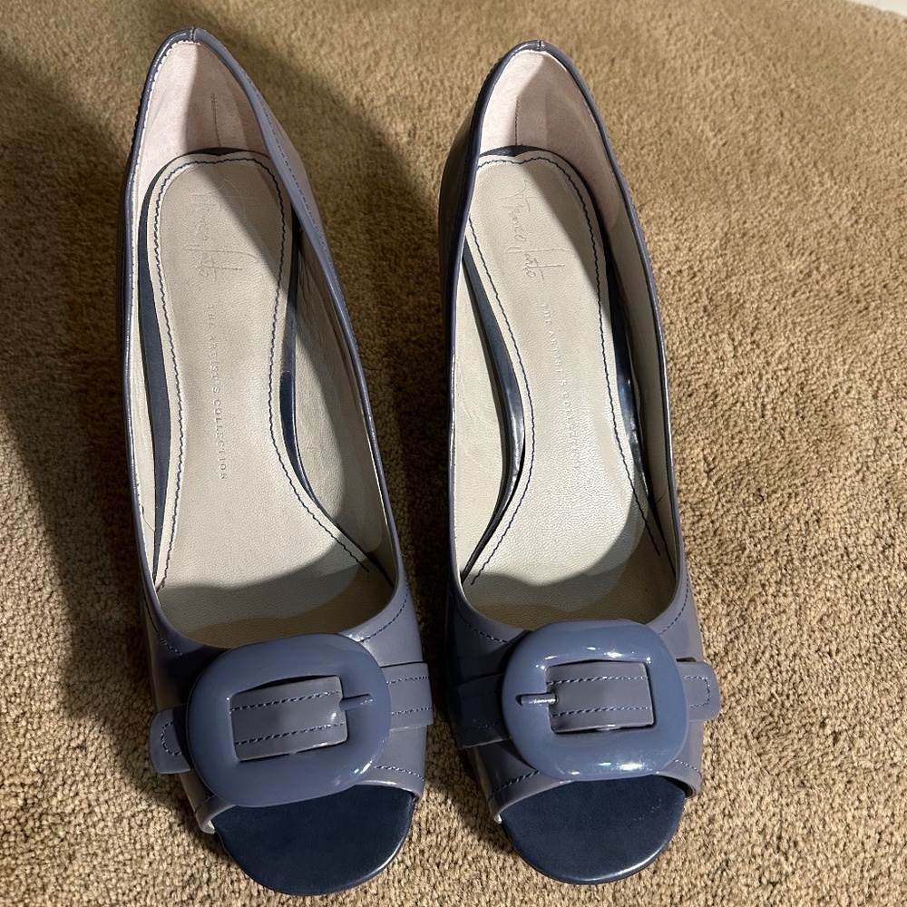franco sarto light blue heels with buckle detail